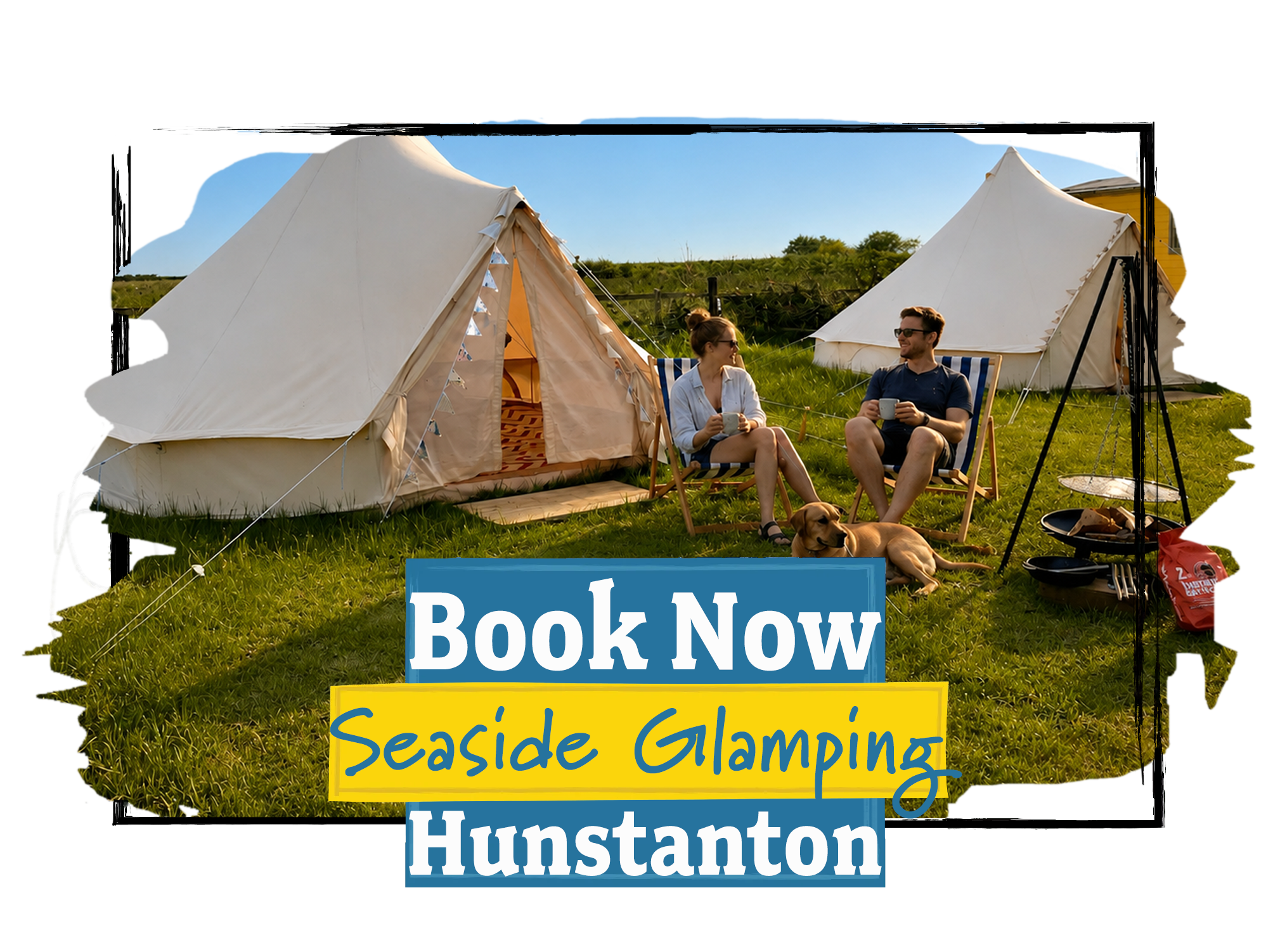 A CTA image of a couple sat outside their seaside glamping bell tent