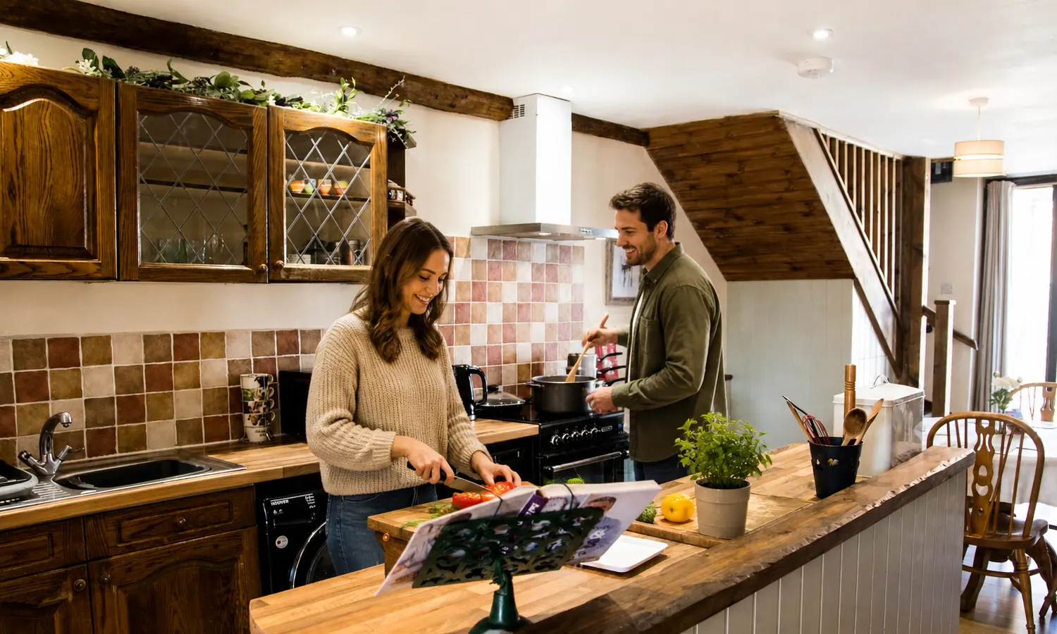 Cooking together inside The Old Barn self-catering cottage, Norfolk, UK