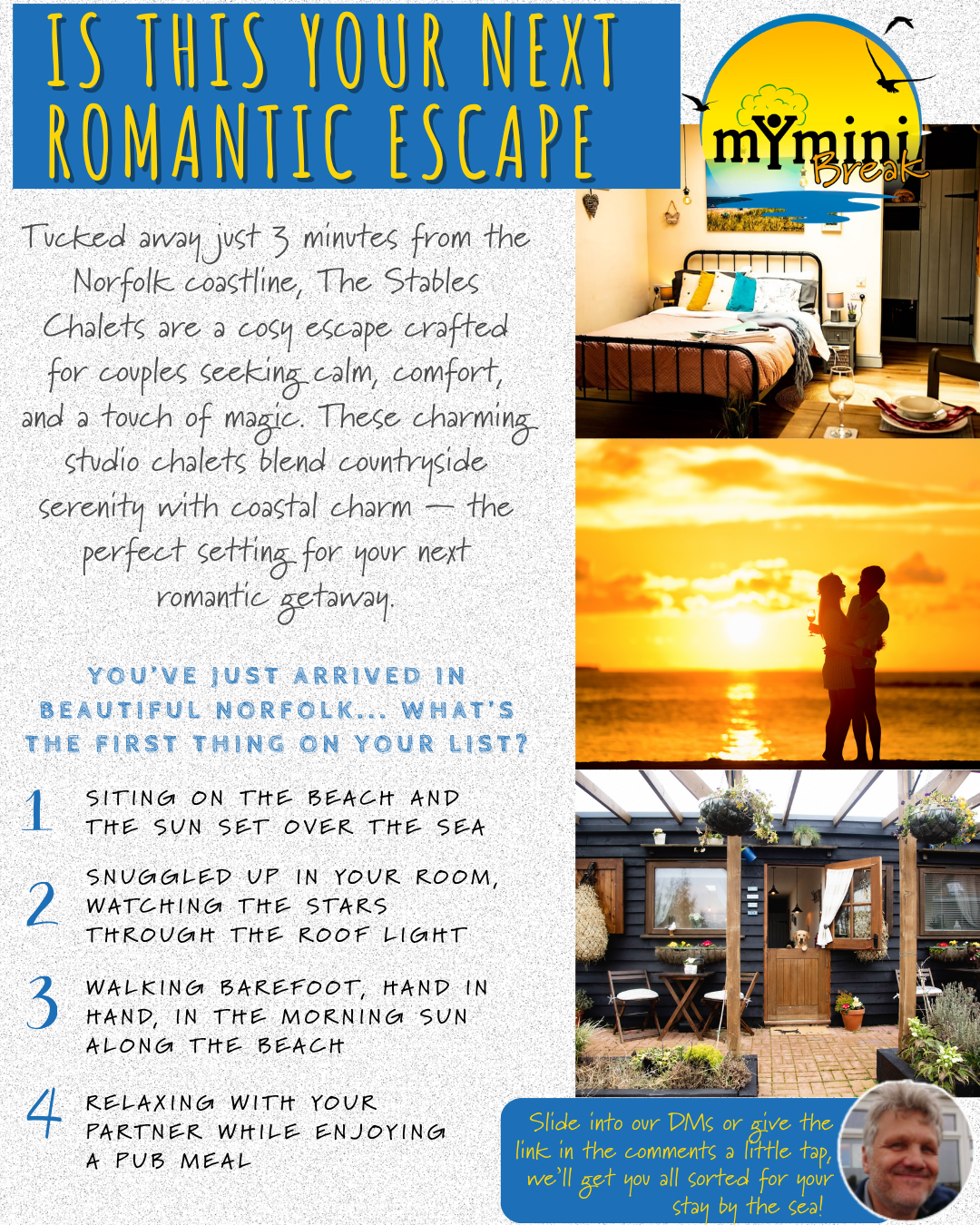 A social media post titled "Is this your next romantic escape" that says "Tucked away just 3 minutes from the Norfolk coastline, The Stables Chalets are a cosy escape crafted for couples seeking calm, comfort, and a touch of magic. These charming studio chalets blend countryside serenity with coastal charm - the perfect setting for your next romantic getaway."