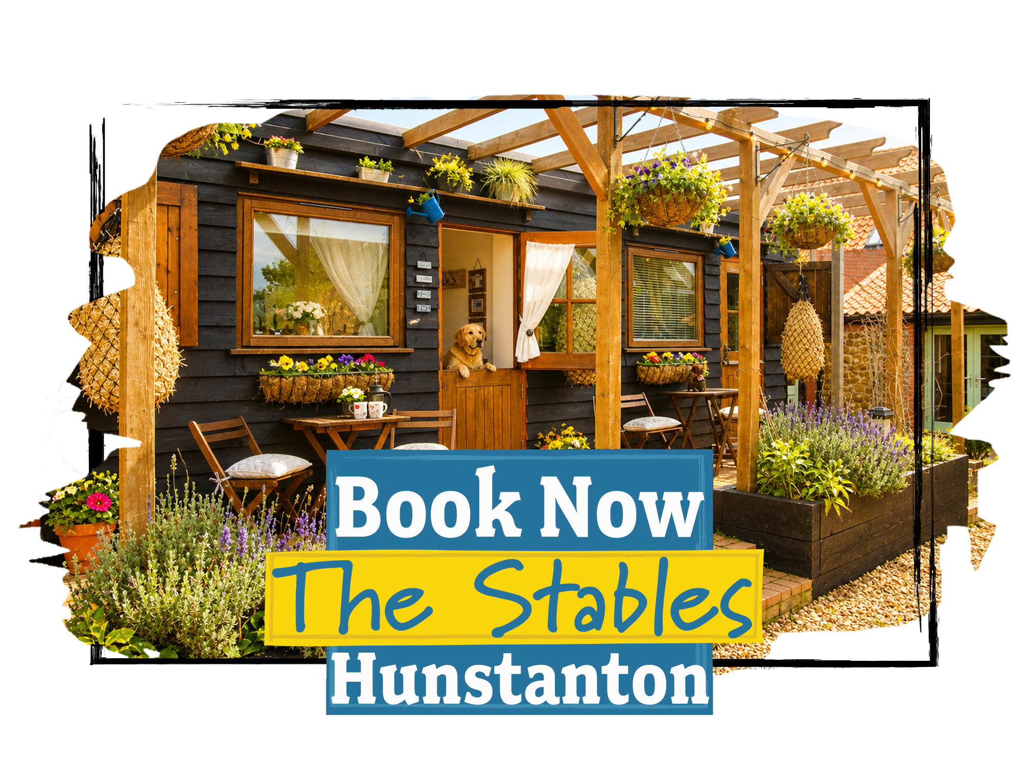 A CTA image of The Stables, beautifully decorated with flowers. A golden retriever looks out from the Stables with their paws on the bottom of the stable door.