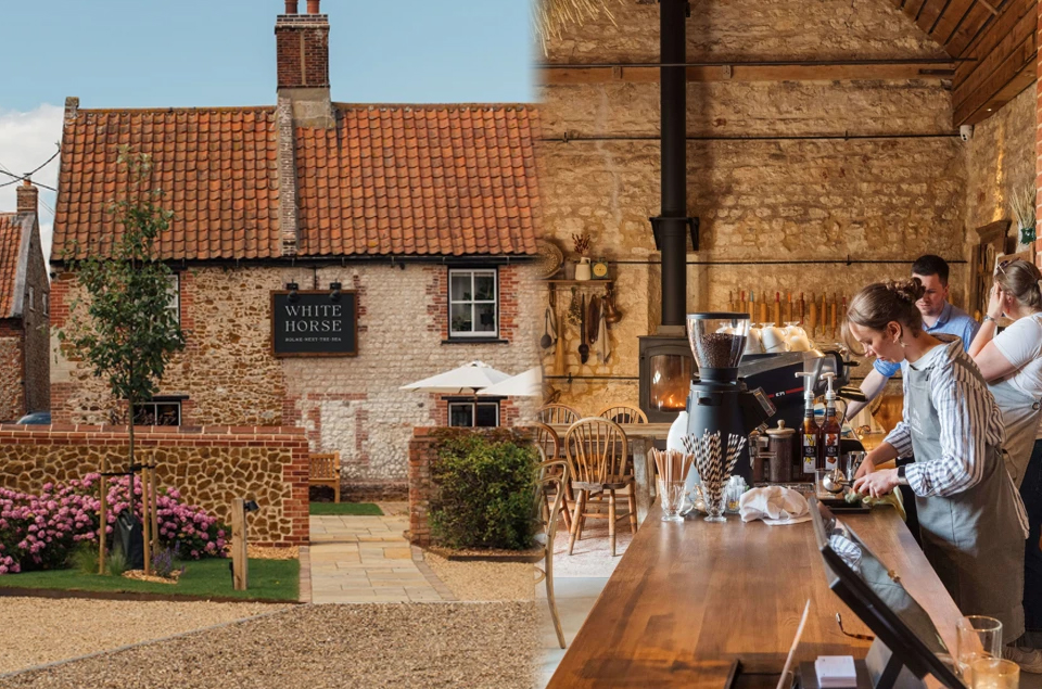 The front of the white horse pub and the bakery interior