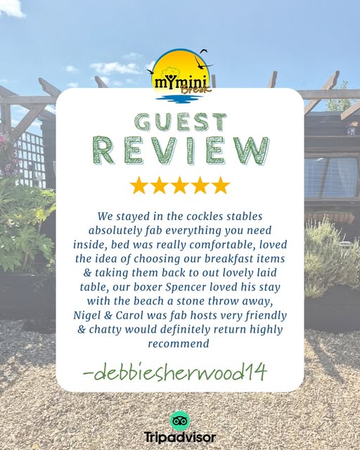 Tripadvisor review from SFC. that says "We have just spent a long weekend here. We turned up early, knowing  we could park the car there and walk to the beach. It was 28 degrees  when we arrived and the beach, which is a 5 minute walk. The owners were  so friendly and kind, as well as giving us our space to enjoy The Old Barn.  It is clean and well looked after. A great space for a family. Having 1 double  and one single room, with a pull out bed. The beds were comfortable and  clean. There were some really nice touches of fresh fruit, milk in the  fridge and tea/ground coffee, so you can start relaxing, as soon as  you are there. There are lots of shops around and places to eat. It’s  great accommodation and would stay again. A great break!"