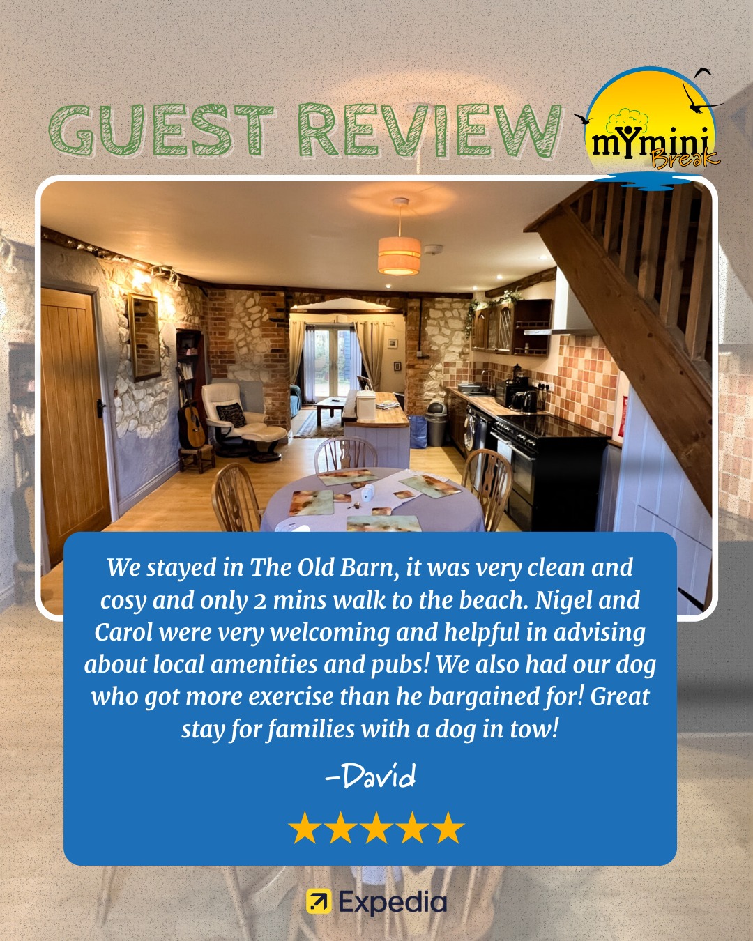 5 star Airbnb review from Jodie that says "We had a great time staying at The Old Barn. The location is fantastic,  within a couple of minutes' walk to Heacham's beautiful beaches, and  the cottage is homely and has everything you might need. Nigel and  Carol were quick to help with any queries. We would definitely stay again"
