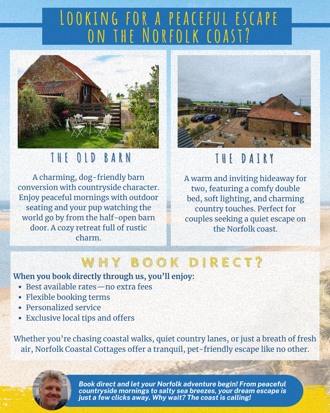 recent social media post about booking direct at Norfolk Coastal Cottages, with descriptions for The Old Barn and The Dairy and why guests should book direct