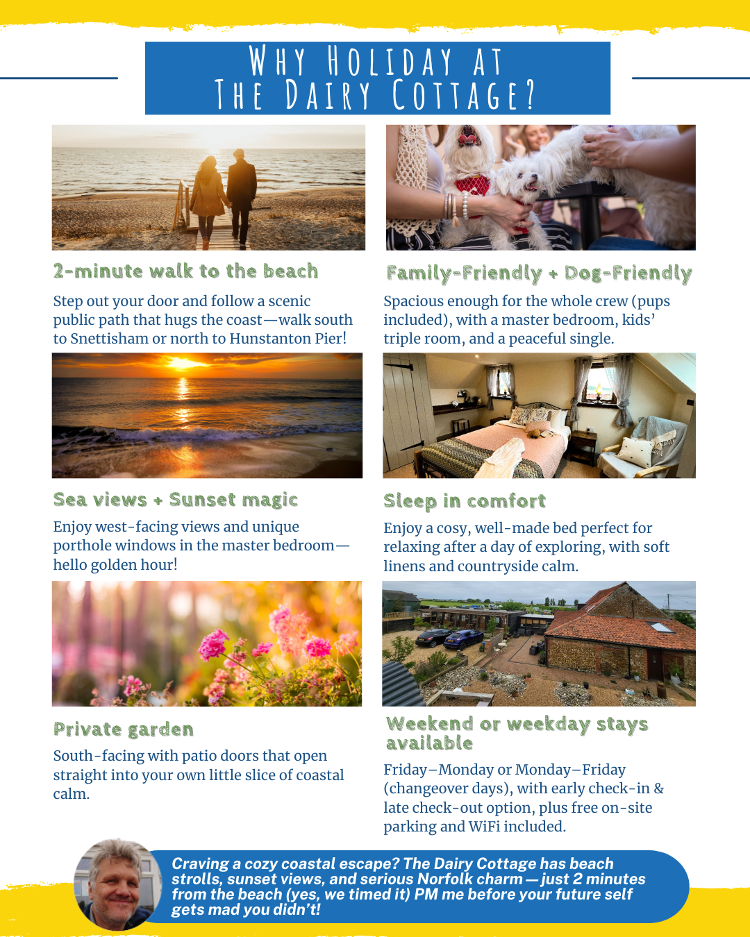A social media post titled "Why holiday at the Dairy cottage?" It includes multiple reasons why guests should stay at Norfolk Coastal Cottages