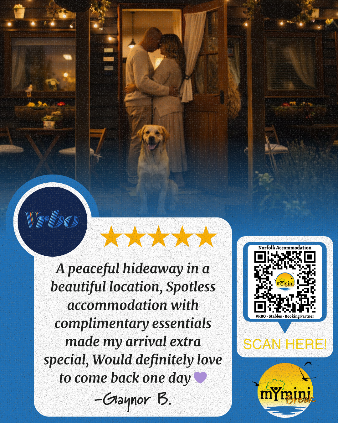 5 star Vrbo review for Norfolk Coastal Cottages from Gaynor B that says "A peaceful hideaway in a beautiful location, Spotless accommodation with complimentary essentials made my arrival extra special, Would definitely love to come back one day 💜"